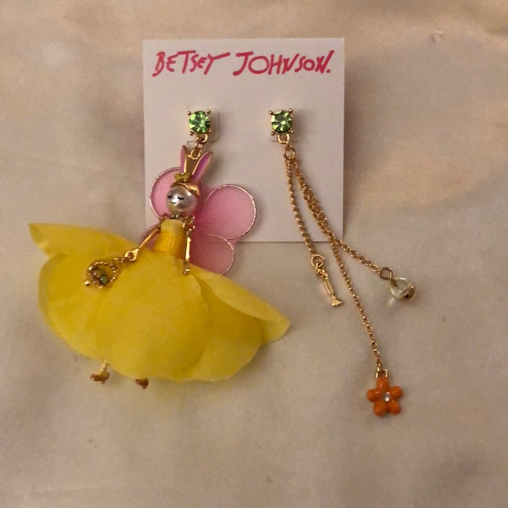 Betsey Johnson Fairy Bunny Mismatch Drop Earrings Crystal Accents NWT
